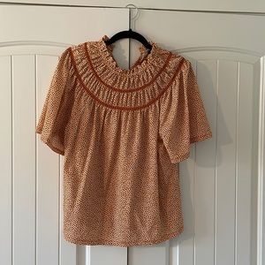 Ann Taylor M orange and white high neck flowing blouse with bell sleeve